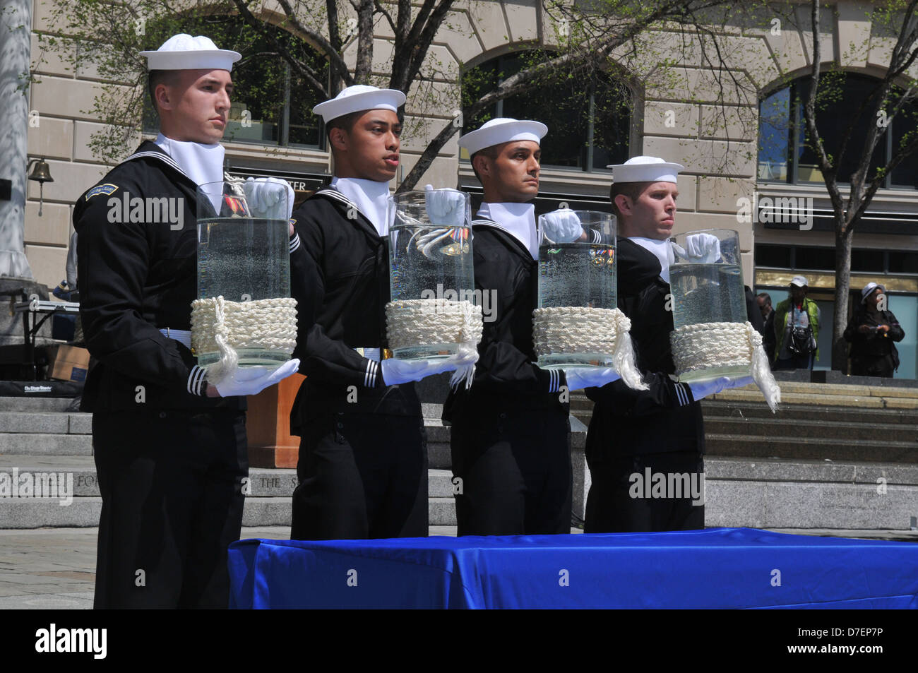 Sailors pour water at the Navy Memorial. Stock Photo