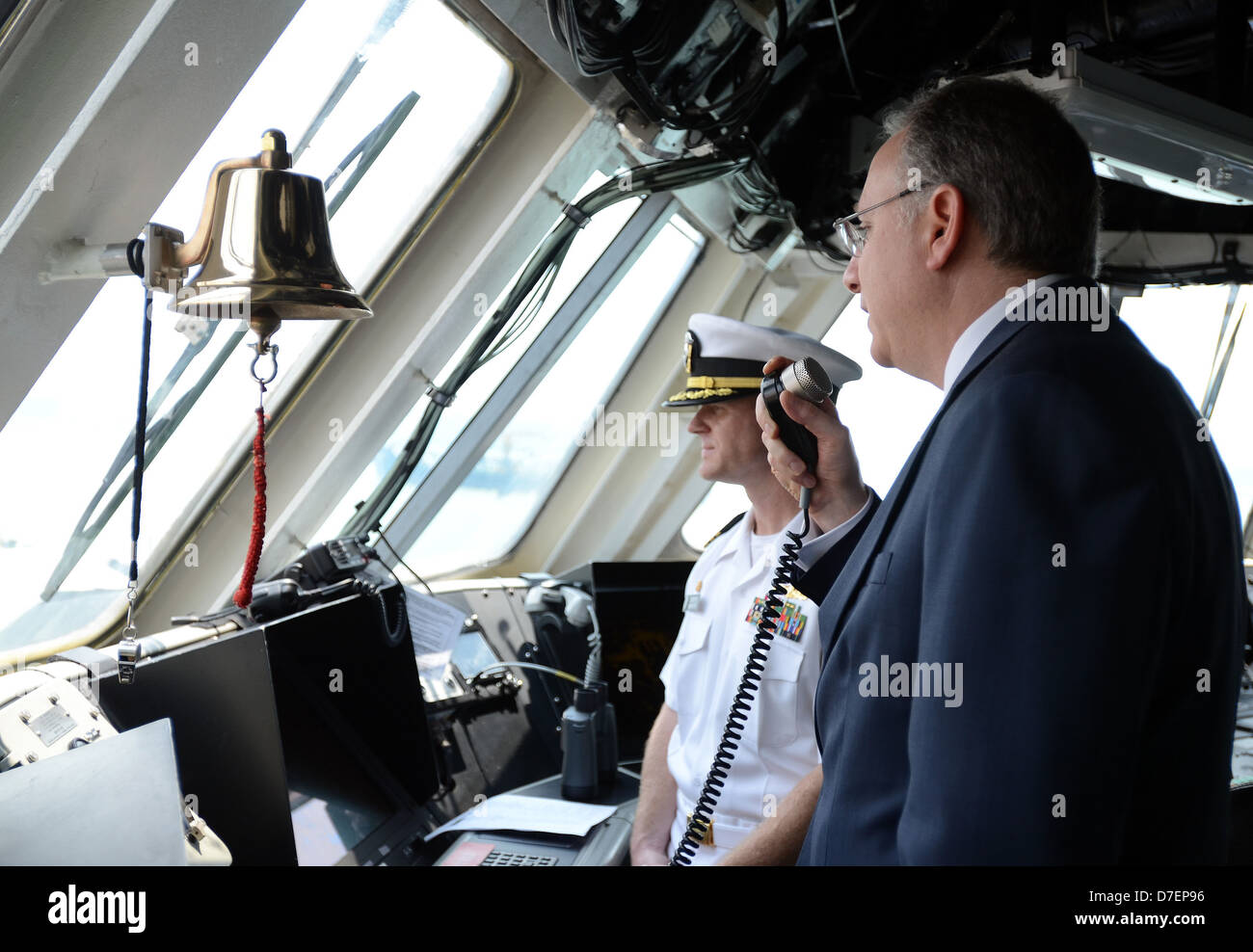 Ambassador David Adelman addresses the crew of USS Freedom. Stock Photo
