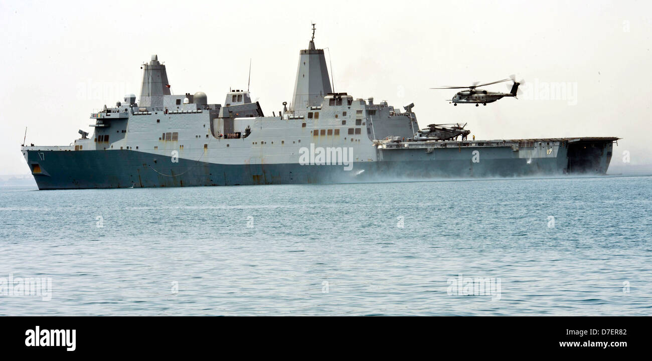 USS San Antonio anchored off Qatar. Stock Photo