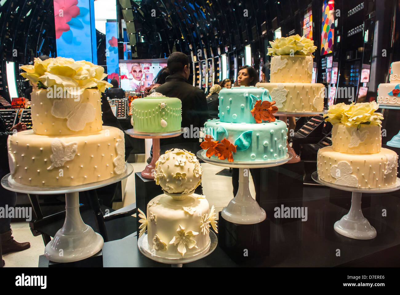 Paris, France, Cosmetics Store Window Display, Wedding Cakes, 'Mac', Inside Shop window displays, champs elysees shops, Patisserie Stock Photo