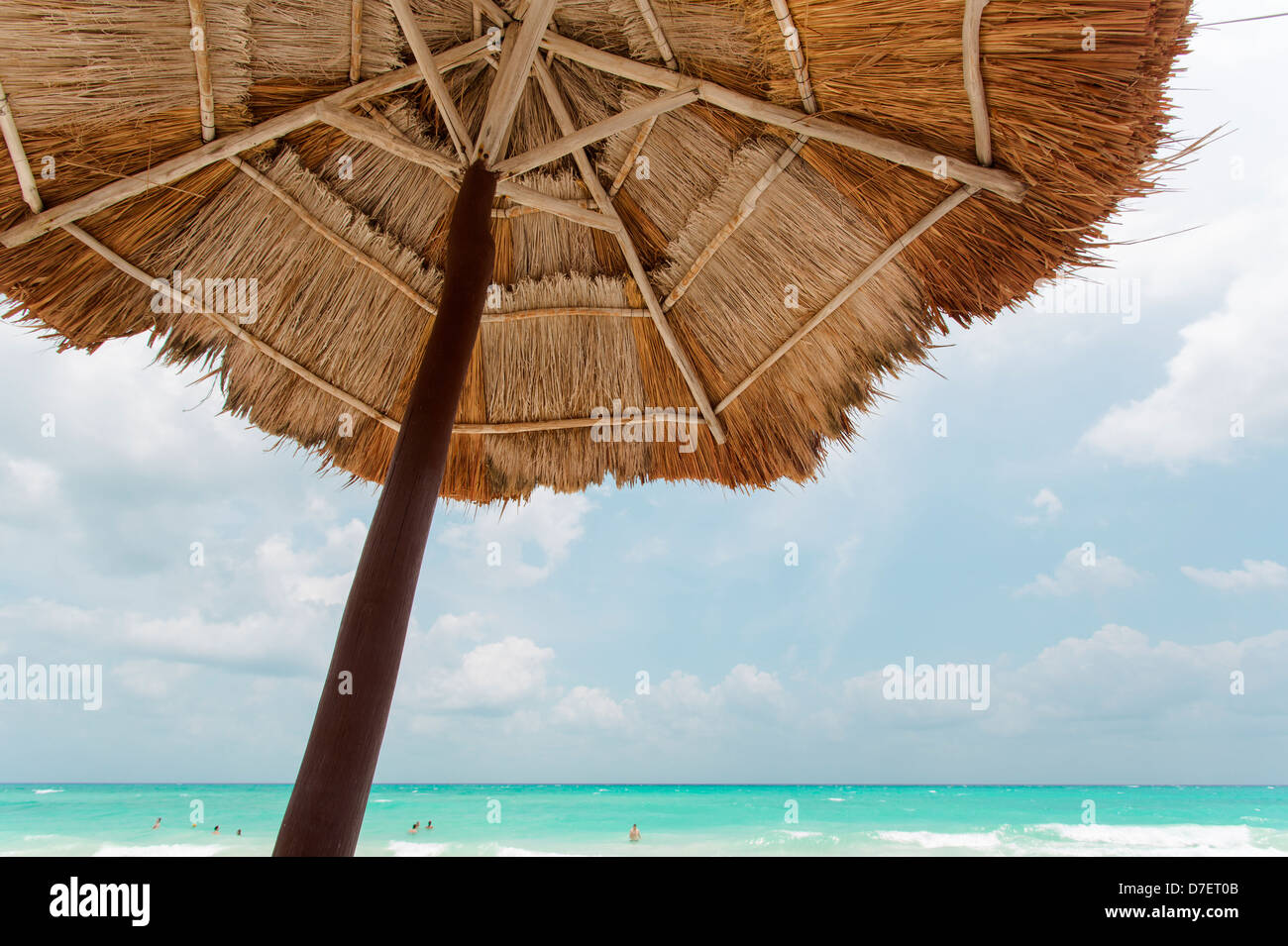 wide angle view of the Caribbean Sea and a palapa Stock Photo