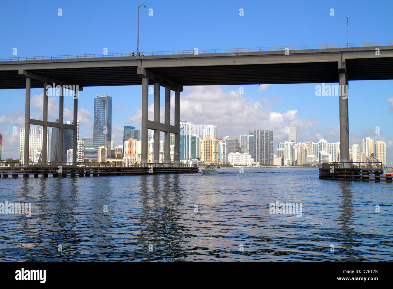 Miami Florida,Biscayne Bay water,Rickenbacker Causeway,bridge,city skyline cityscape,Brickell,downtown,water,skyscrapers,high rise skyscraper skyscrap Stock Photo