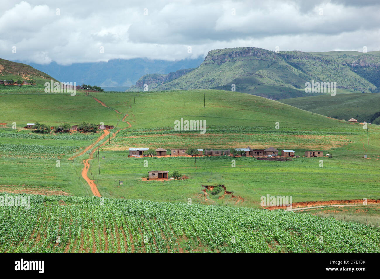 Rural settlement on foothills of the Drakensberg mountains, KwaZulu-Natal, South Africa Stock Photo