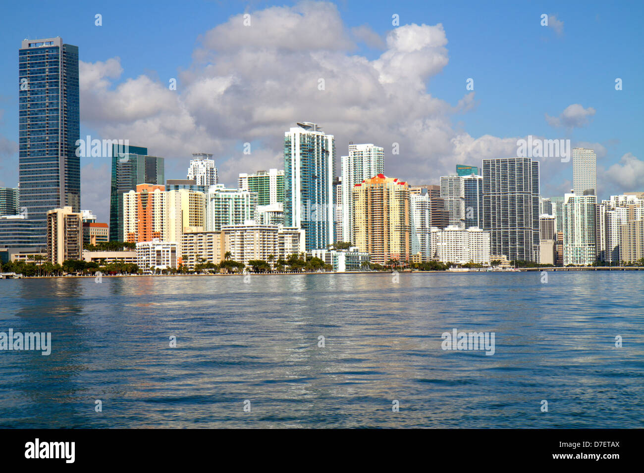 Miami Florida,Biscayne Bay water,city skyline cityscape,Brickell,downtown,water,skyscrapers,high rise skyscraper skyscrapers building buildings condom Stock Photo