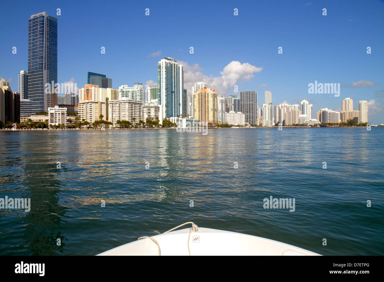 Miami Florida,Biscayne Bay water,city skyline cityscape,Brickell,downtown,water,skyscrapers,high rise skyscraper skyscrapers building buildings condom Stock Photo