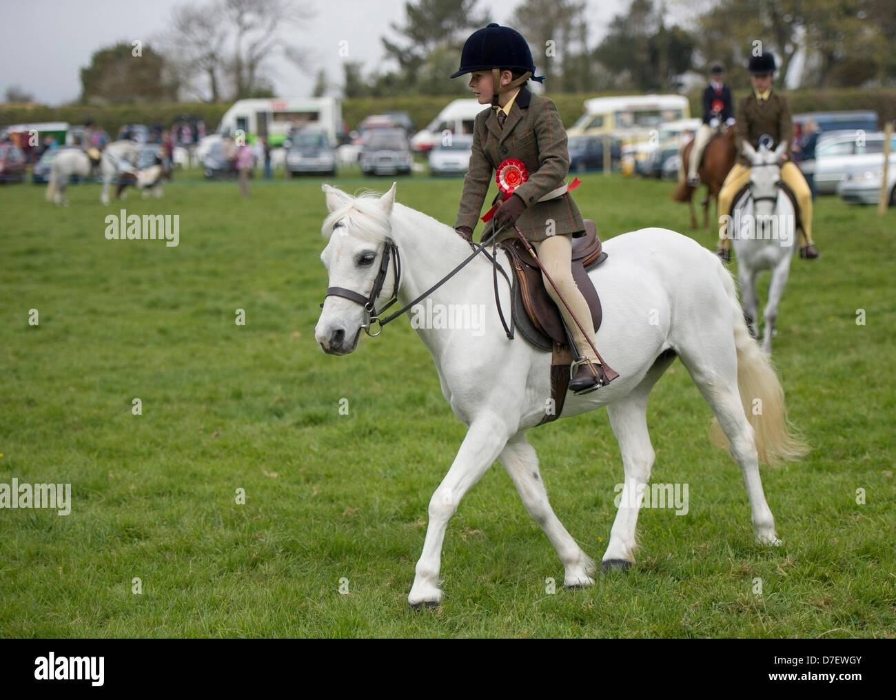 Helston, UK. 6th May, 2013. Horse and junior jockey parade in the show ring at Helston's Flora Horseshow event Credit: Bob Sharples/Alamy Live New Stock Photo