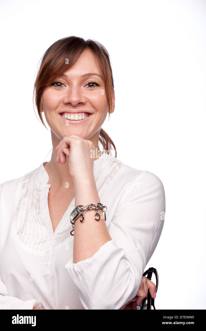 woman looking at camera with happy smile on white background Stock Photo