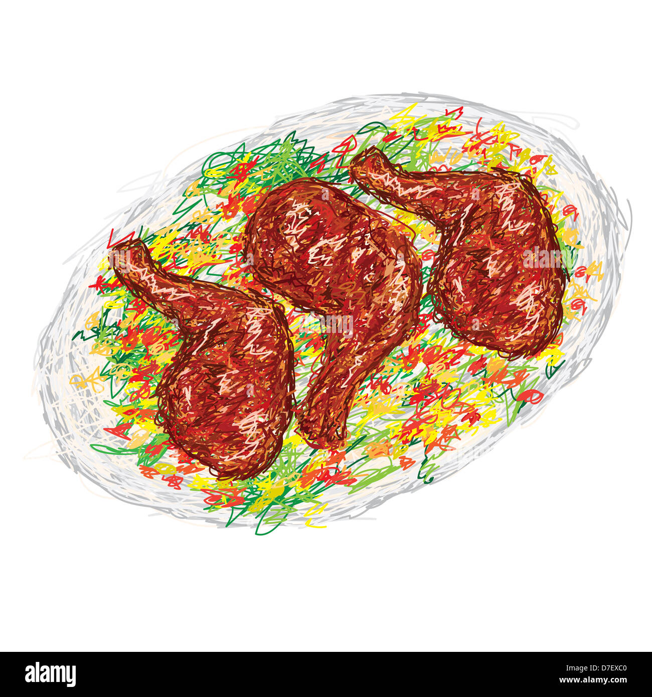 closeup illustration of a freshly cooked chicken barbecue on plate with vegetable side dish