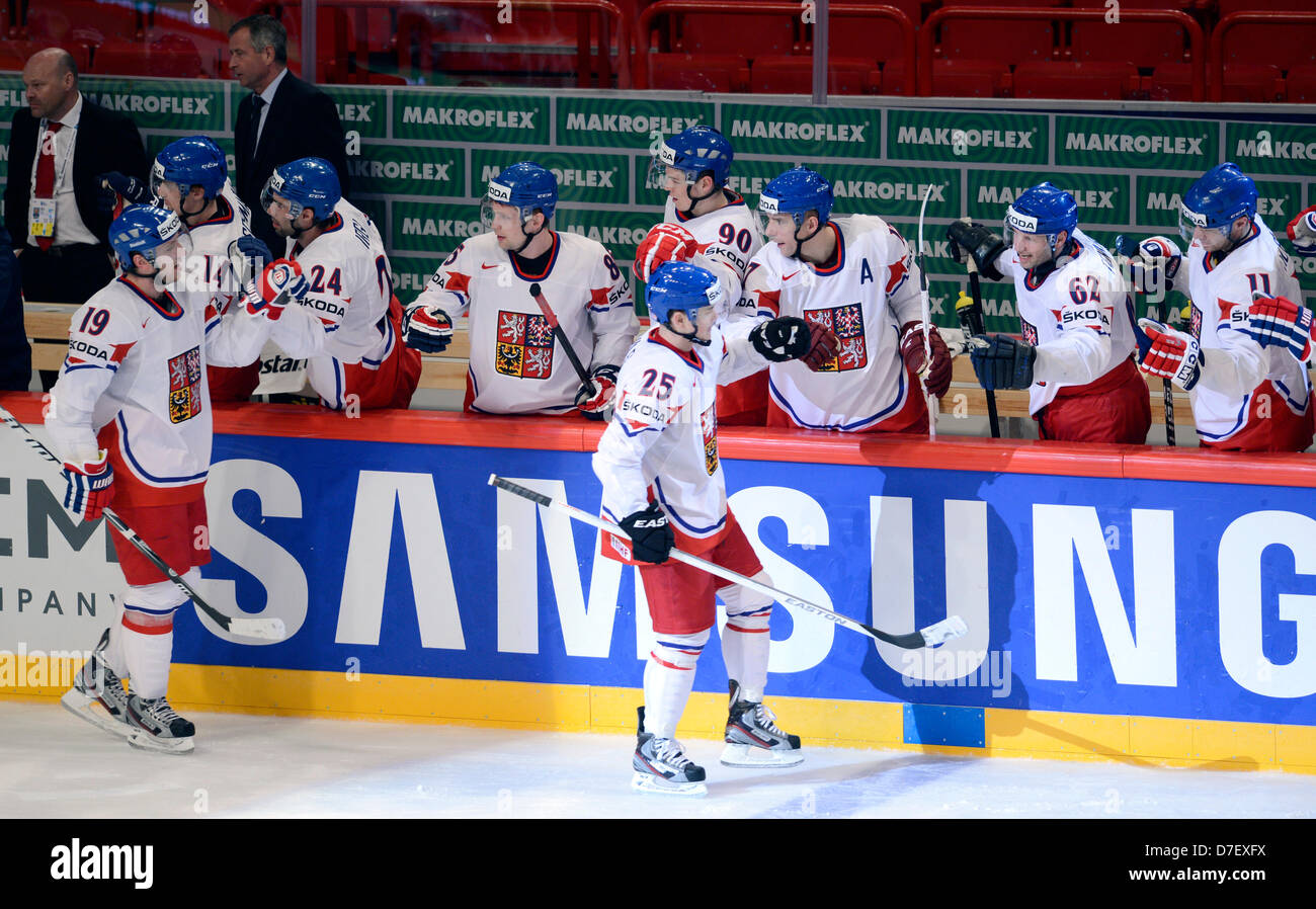 IIHF World Championships, Ice Hockey, Group A, Czech Republic vs. Switzerland, May 6, 2013, Stockholm, Sweden. Jiri Hudler (CZE, nr. 25) celebrates with his teammates.  (CTK Photo/Vit Simanek) Stock Photo