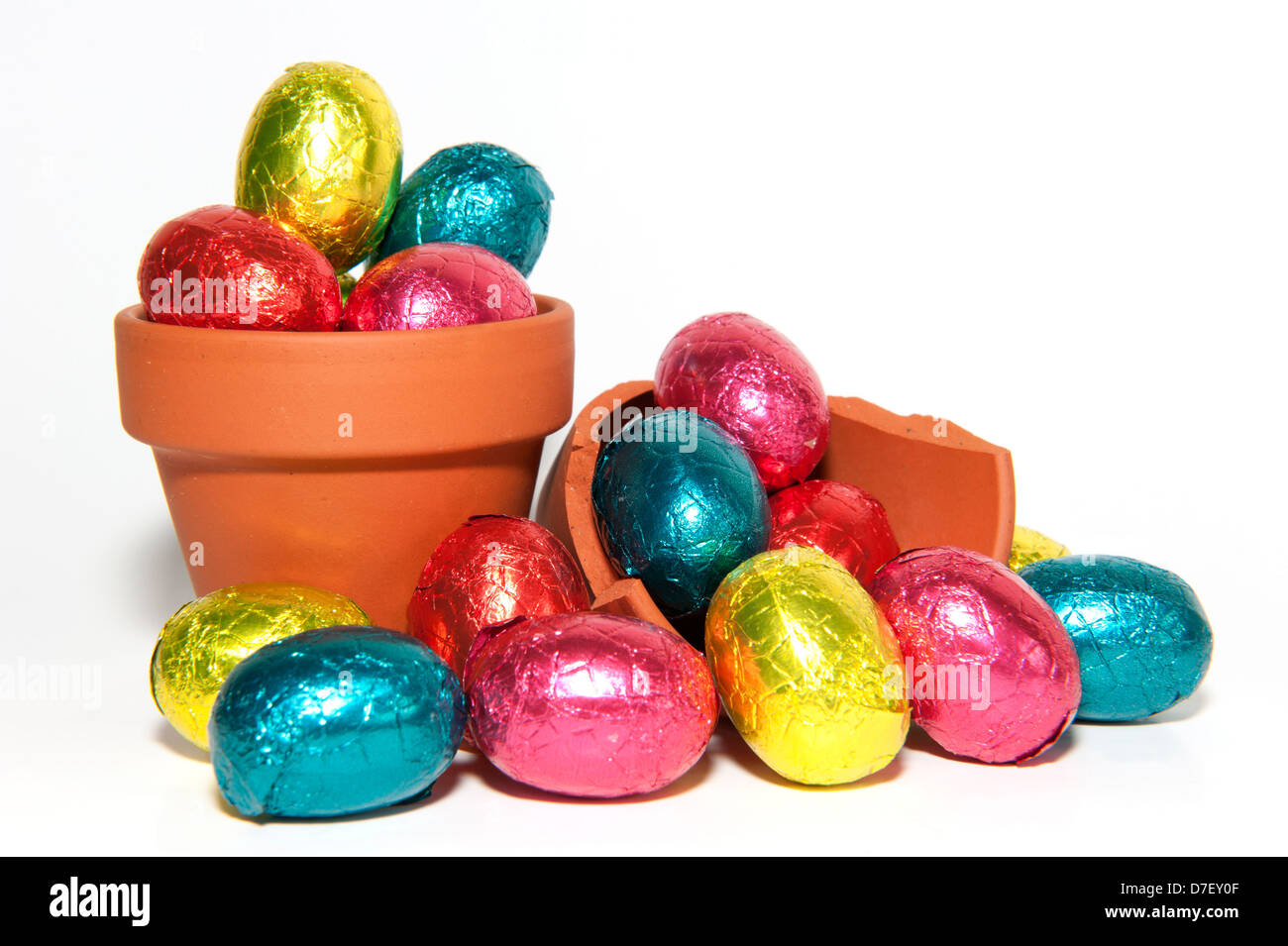 Colored chocolate Easter eggs and terracotta flower pot, isolated on a white background Stock