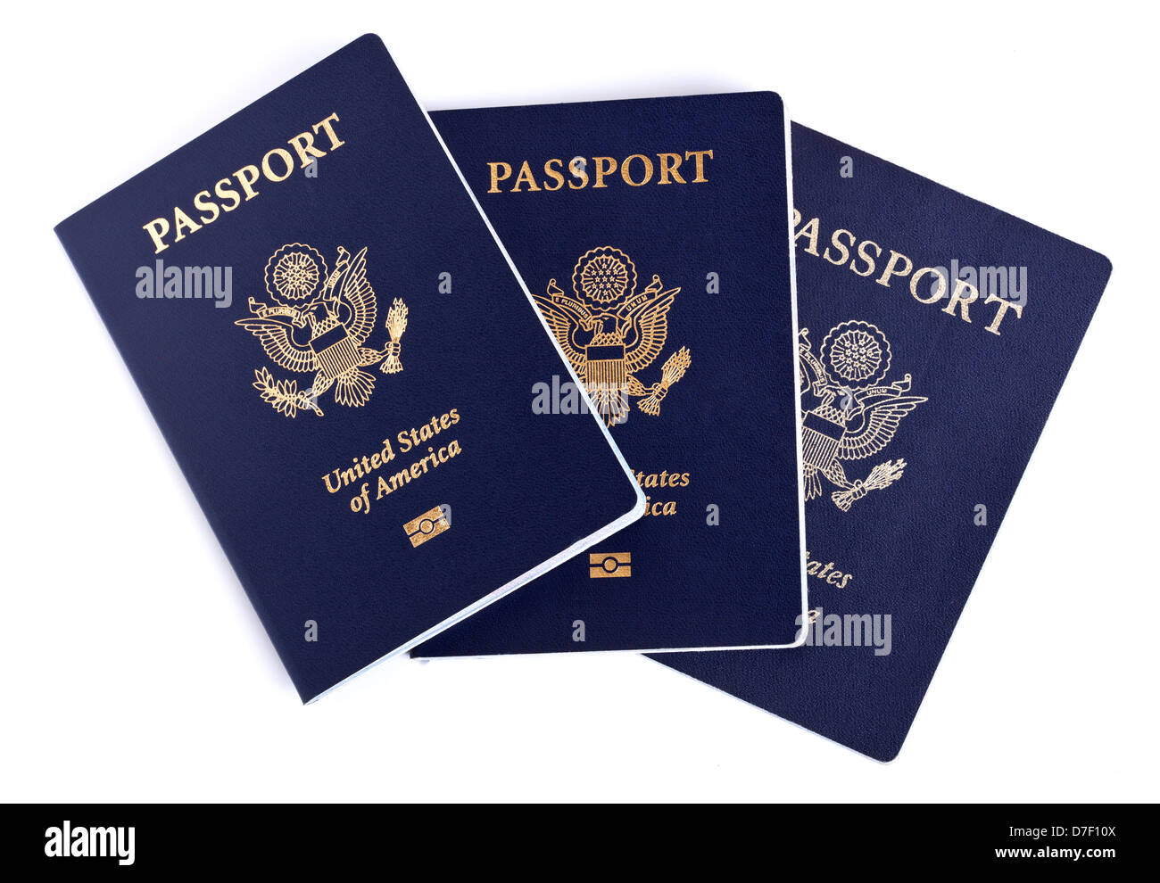 Three USA passports Isolated on white background. This is new version passport biometric chip
