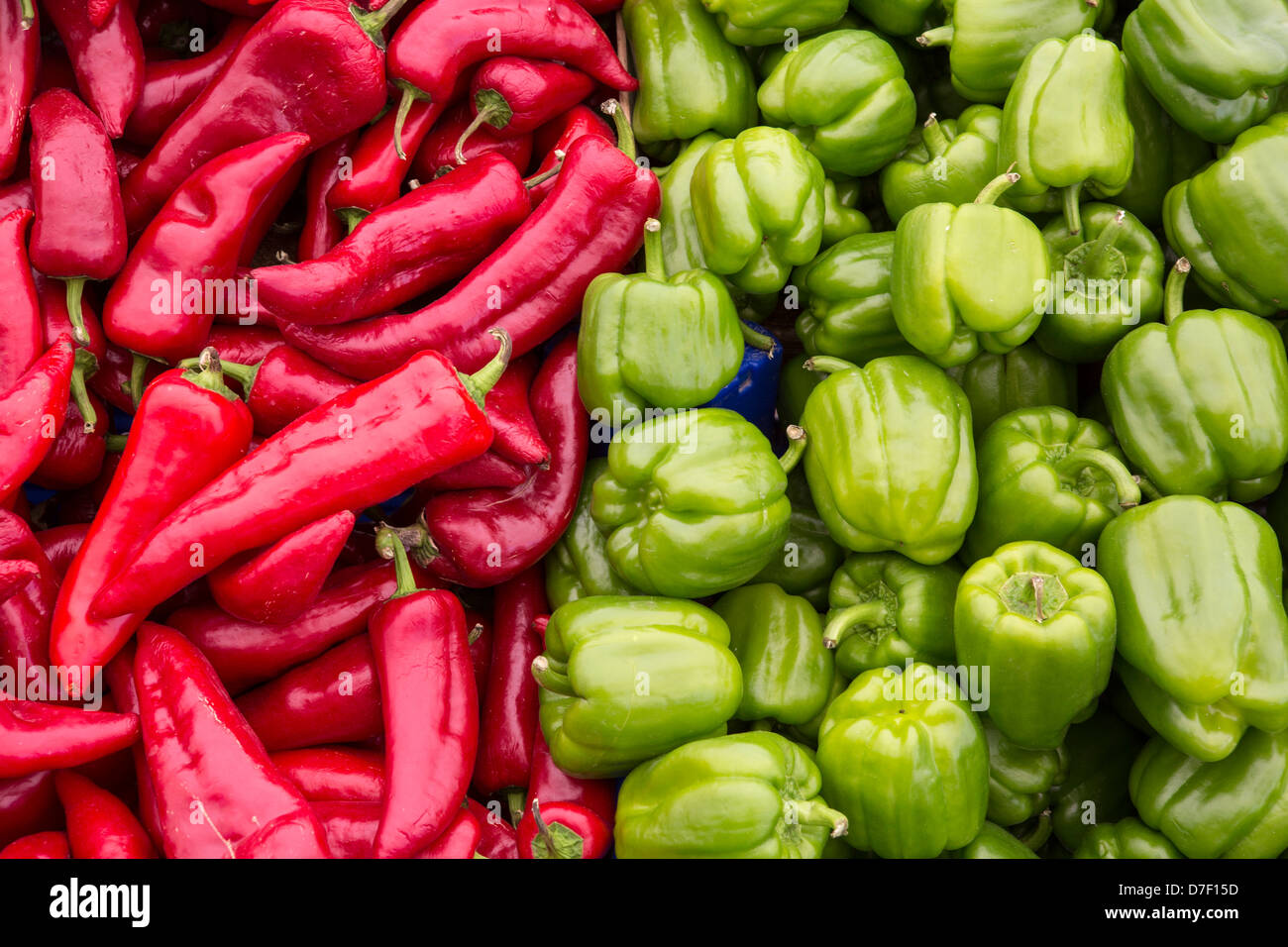 Macro view of fresh bell peppers and red peppers Stock Photo