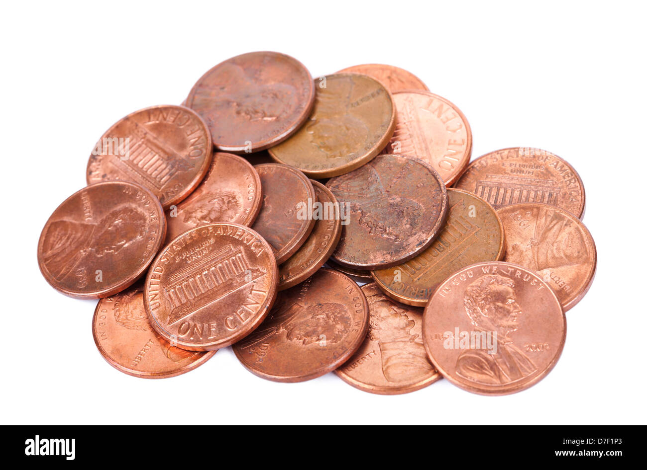 A stack 1 US cent (penny) coins isolated on white background. This is version penny that was produced between years 1959-2008 Stock Photo