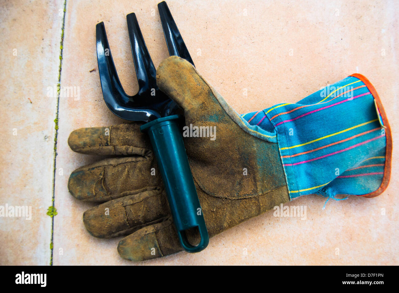Photo of a glove holding a hand fork Stock Photo