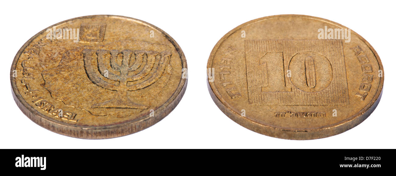 Two sides an Israeli 10 Agorot (Singular: Agora - equivalent cent) coin. obverse depicts replica coin issued by Mattathias Stock Photo