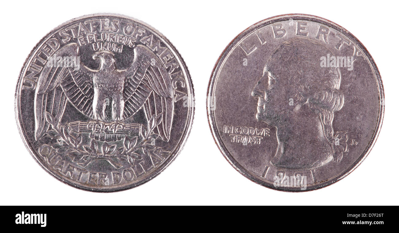 Two sides USA 25 cent (quarter) coin. obverse side depicts president's George Washington profile portrait reverse side depicts Stock Photo