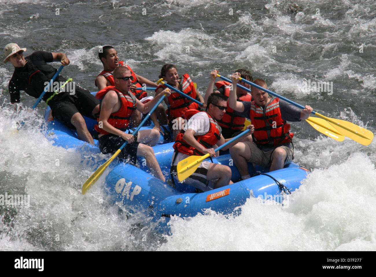 Rafters ride white water down the south fork of the American River June 9, 2007 near Coloma, CA. Stock Photo