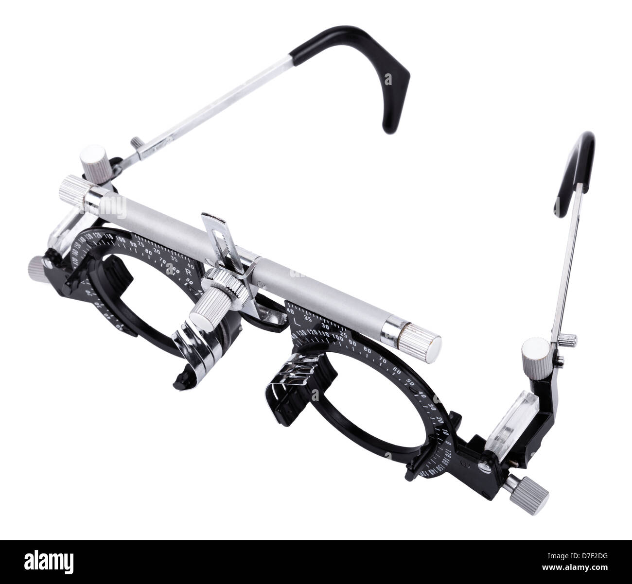 Spectacles used for eyesight tests isolated on white background, shot