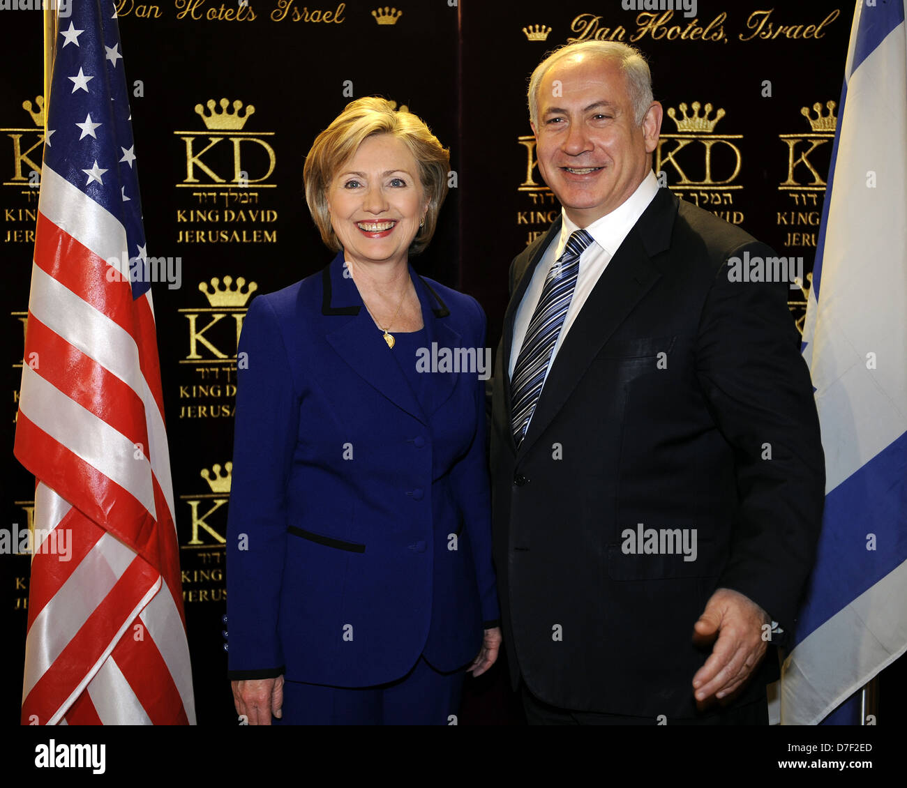 US Secretary of State Hillary Rodham Clinton meets with Israeli Prime Minister Designate Benyamin Netanyahu at the King David Hotel March 3, 2009 in Jerusalem. Stock Photo