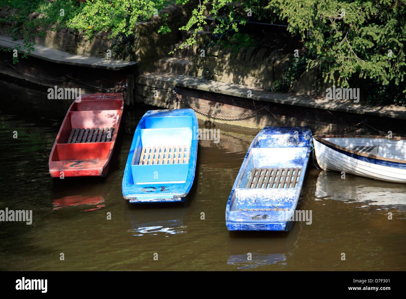 Coloured punts on the river Cherwell at Magdalen bridge in the city of Oxford, England Stock Photo