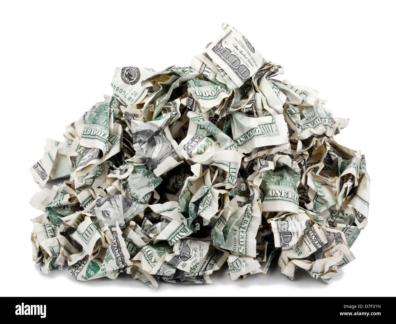 A pile of crimped 100 US$ money notes on top of each other, isolated on white background. Stock Photo