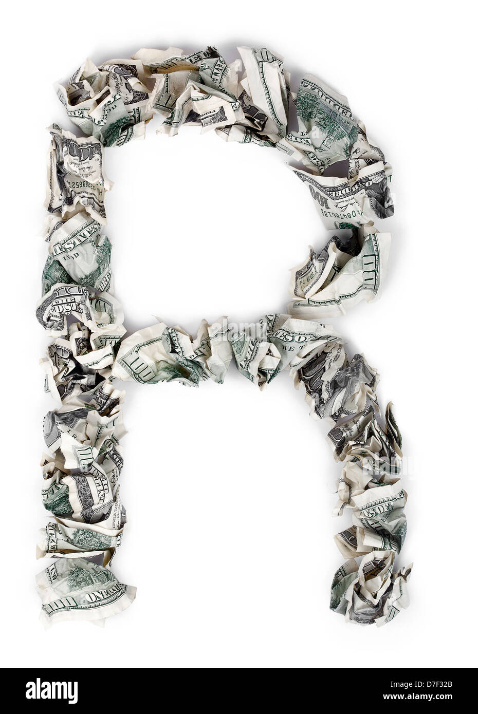 The letter 'R', made out of crimped 100$ bills. Isolated on white ...