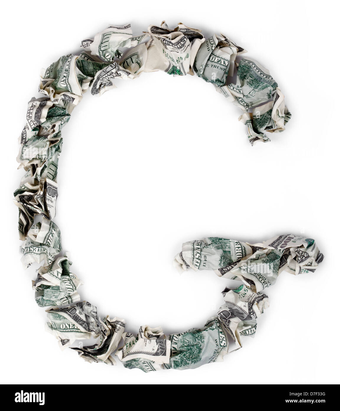 The letter 'G', made out of crimped 100$ bills. Isolated on white ...