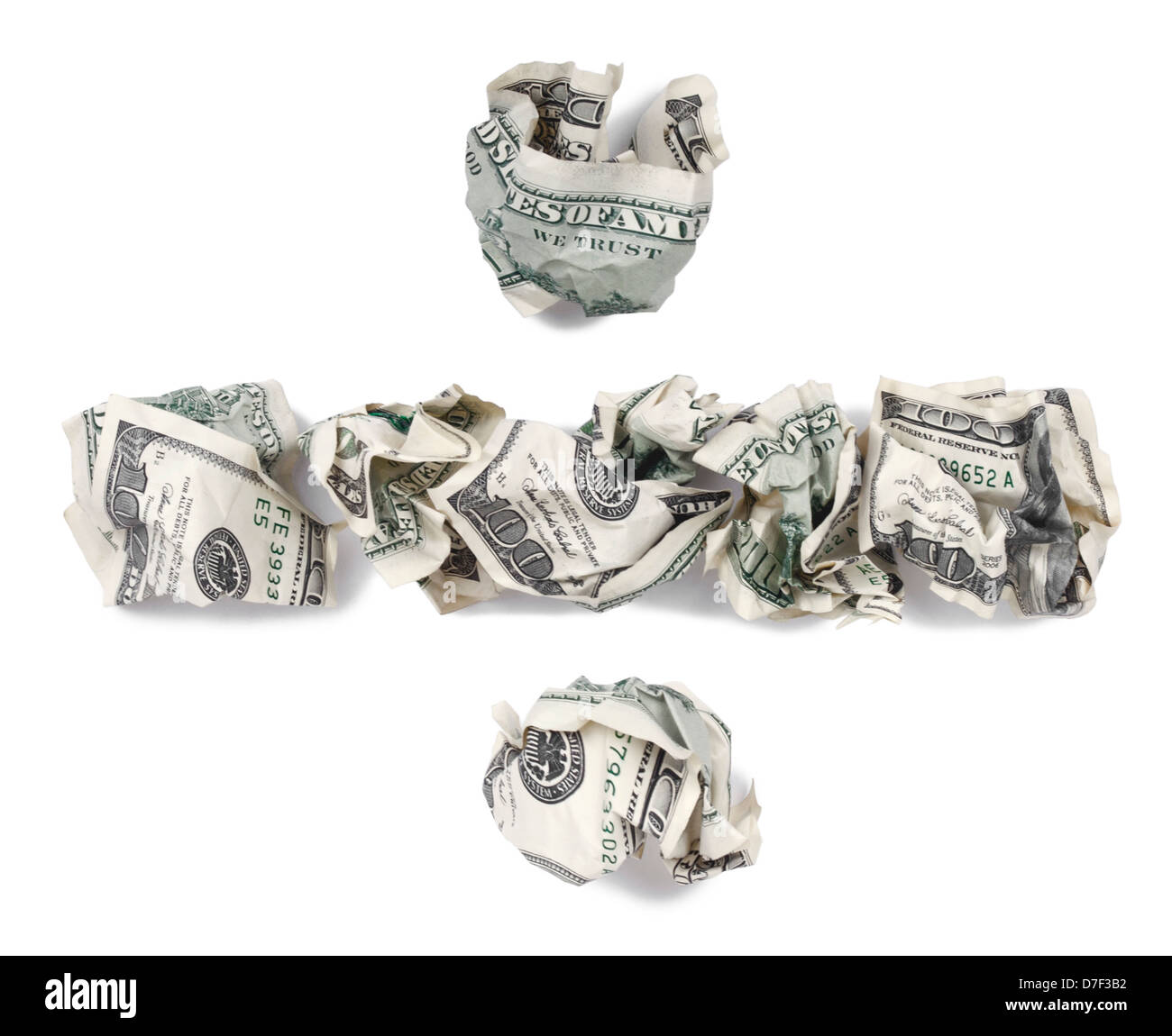 A division symbol made out of crimped 100$ bills. Isolated on white background. Stock Photo