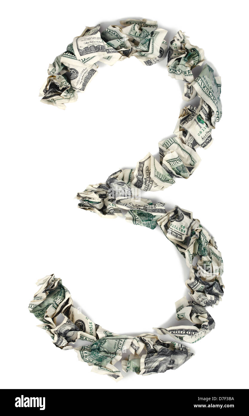 The digit 3 (three) made out of crimped 100$ bills. Isolated on white background. Stock Photo