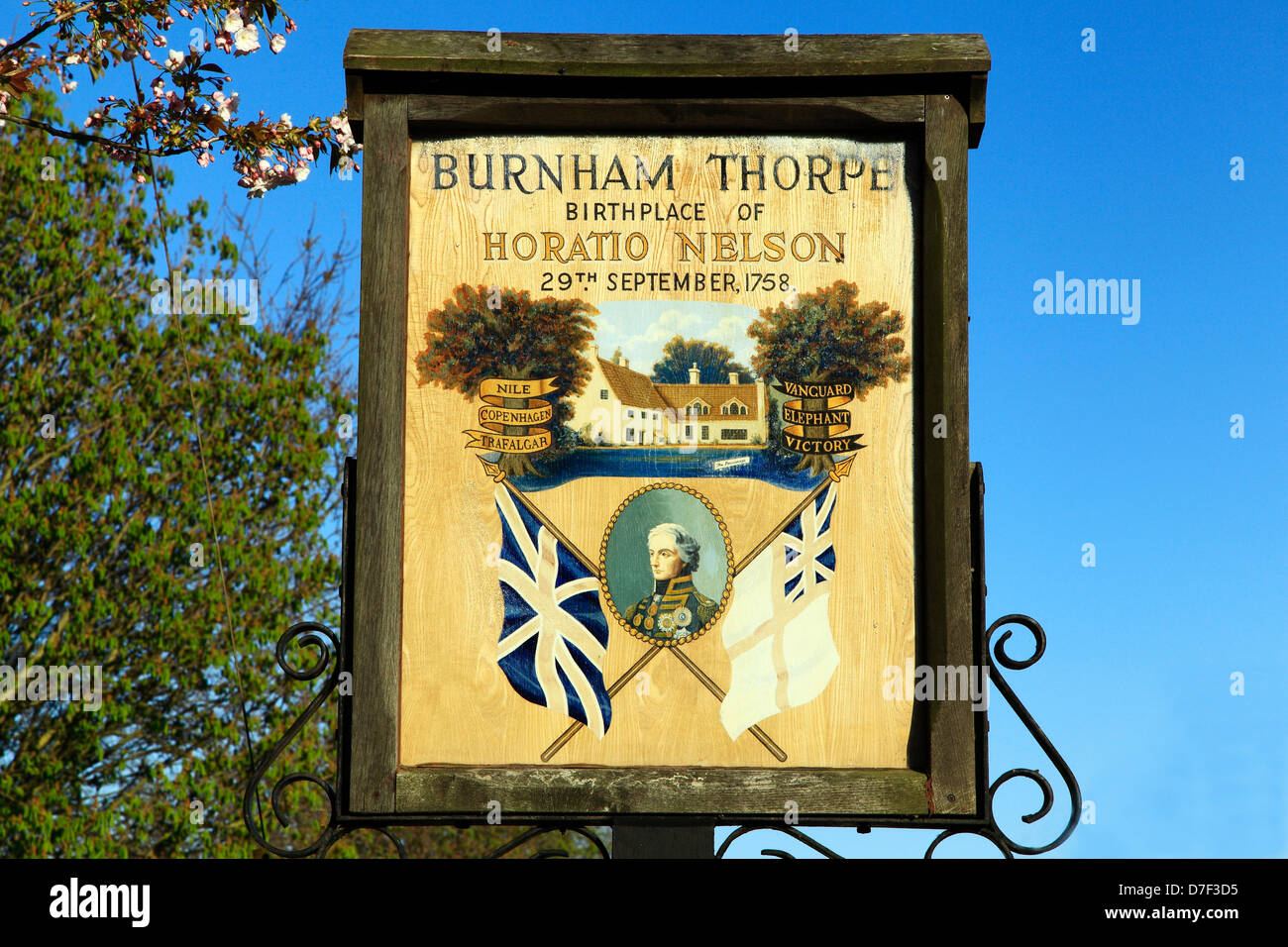 Burnham Thorpe, Norfolk, village sign portraying Admiral Lord Horatio Nelson, birthplace England UK Stock Photo