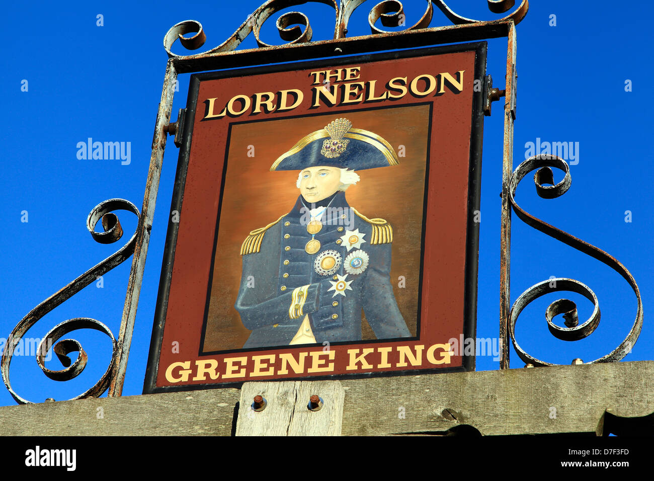 Burnham Thorpe, Norfolk, The Lord Nelson Pub sign, England UK, English inn sign signs pubs Greene King Brewery Stock Photo