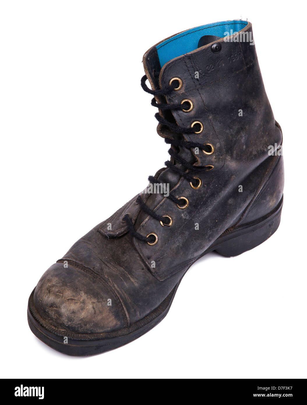 High angle diagonal view of a very worn right boot, issued by the Israeli army (IDF). isolated on white background. Stock Photo