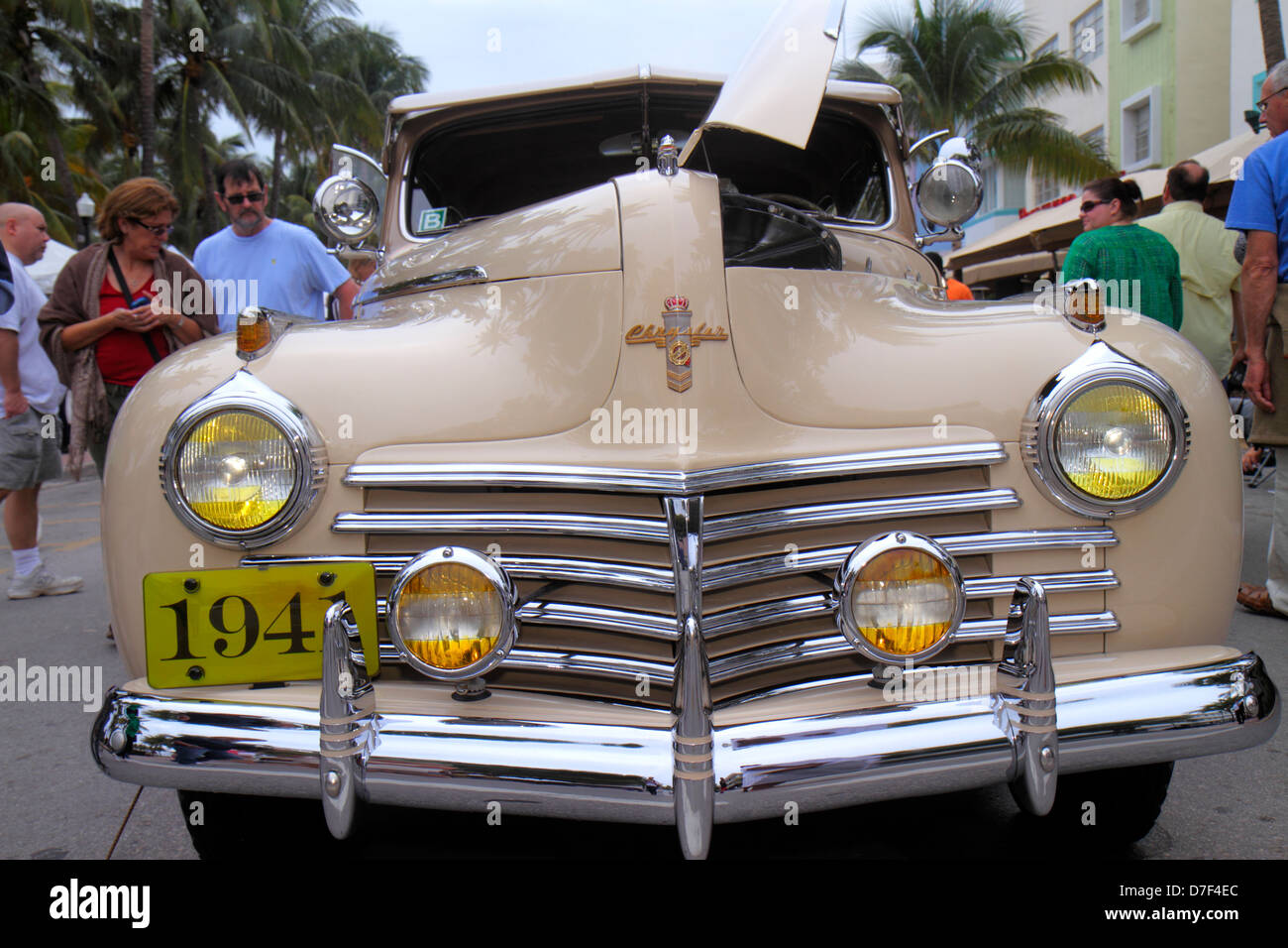 Miami Beach Florida,Ocean Drive,Art Deco Weekend,festival,event,antique,car cars,automobile,auto,vehicle,Chrysler,1941,front,grille,chrome bumper,visi Stock Photo