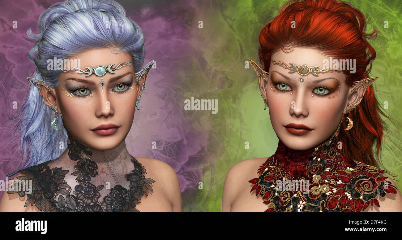 double portrait of two female elven with circlets and ear jewelrys Stock Photo
