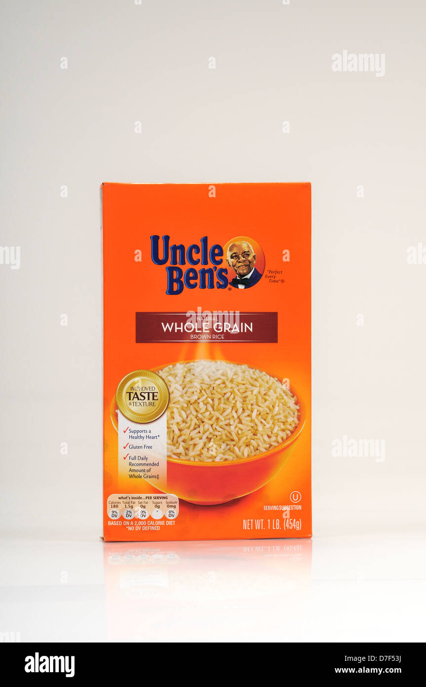 Box of Uncle Ben's  Whole Grain Brown Rice on white background, cutout. USA Stock Photo