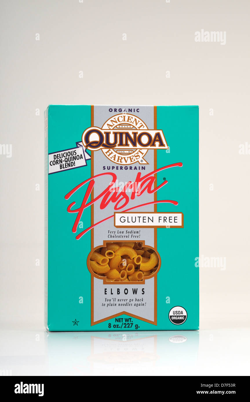Box of organic Quinoa Pasta Gluten Free Elbows on white background, cutout. USA Stock Photo