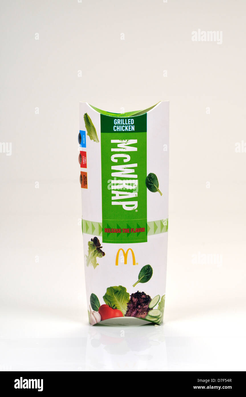 McDonalds Grilled Chicken McWrap sandwich in packaging on white background cutout. USA Stock Photo