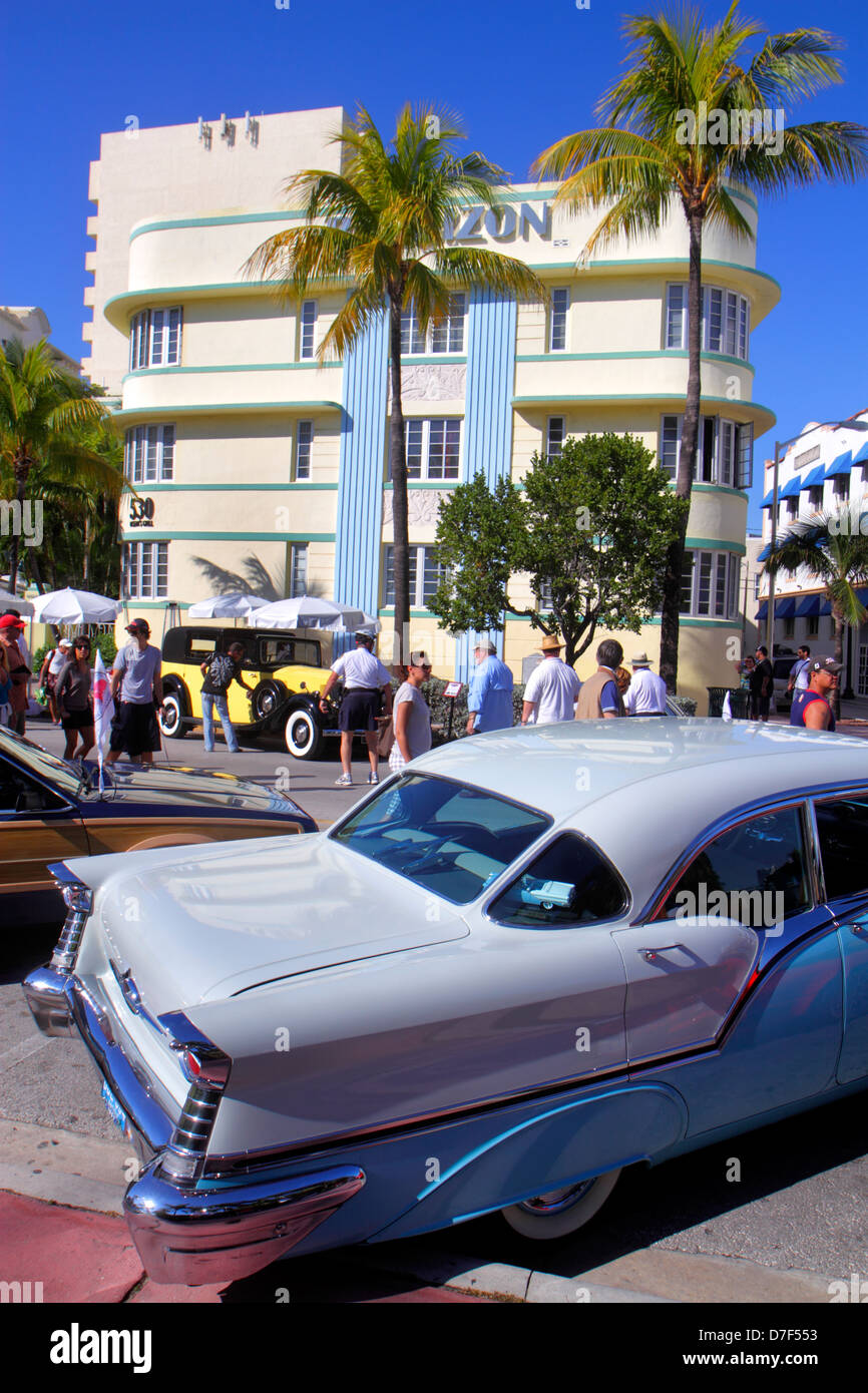 Miami Beach Florida,Ocean Drive,Art Deco Weekend,festival,antique,car,automobile,auto,vehicle,1957 Oldsmobile,Barbizon,hotel,FL130128186 Stock Photo