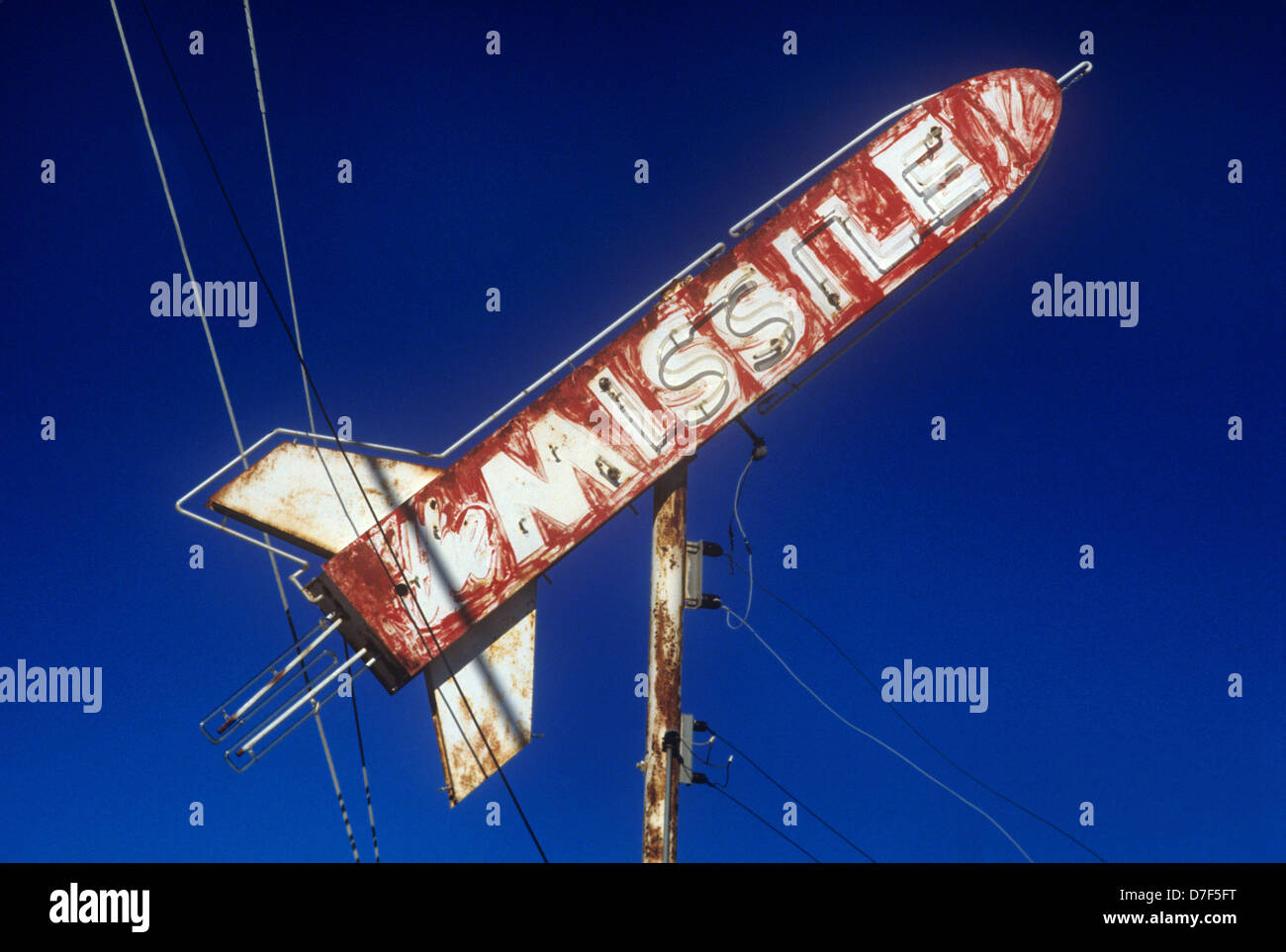 Vintage decaying 60s era sign for a bar  called The Missile Stock Photo