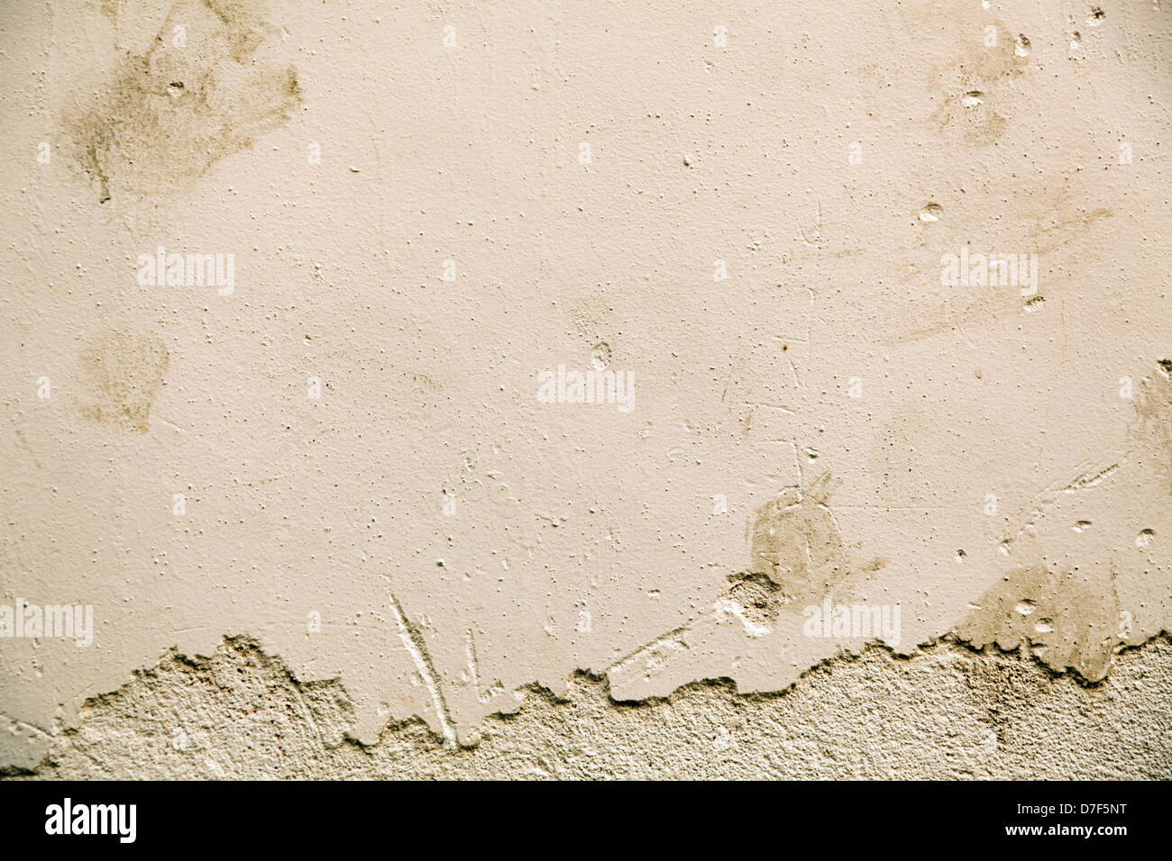 Close up of astained wall, of which the paint is peeling and revealing the plaster beneath. Stock Photo