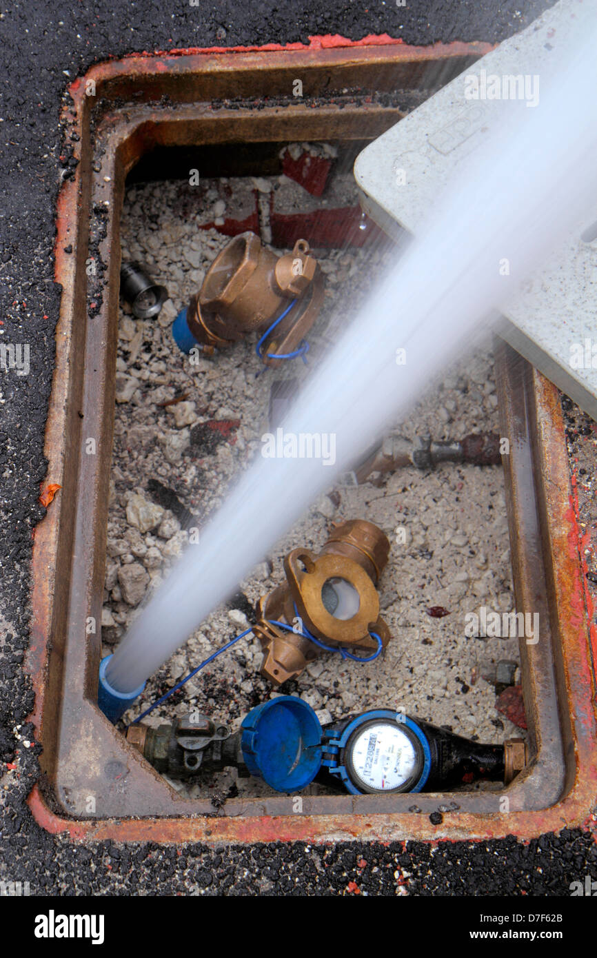 Miami Beach Florida,city water main,pipe,break,broken,loss of pressure,leak,spewing,FL120615007 Stock Photo