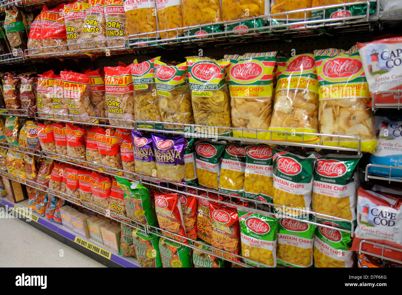 Miami Beach Florida,Walgreens,pharmacy,drugstore,shelf shelves,display case sale,brands display sale chips,plantain,potato,junk food,snack,snacks,snac Stock Photo