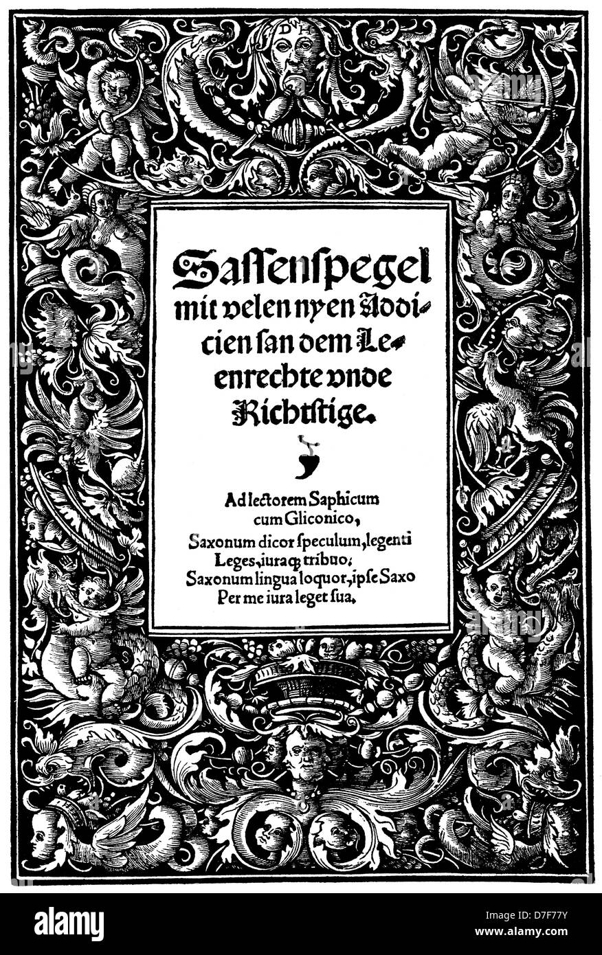 Ornate border with cherubs riding dragons and an Eros (cherub shooting a bow) in a 1515 German title page Stock Photo