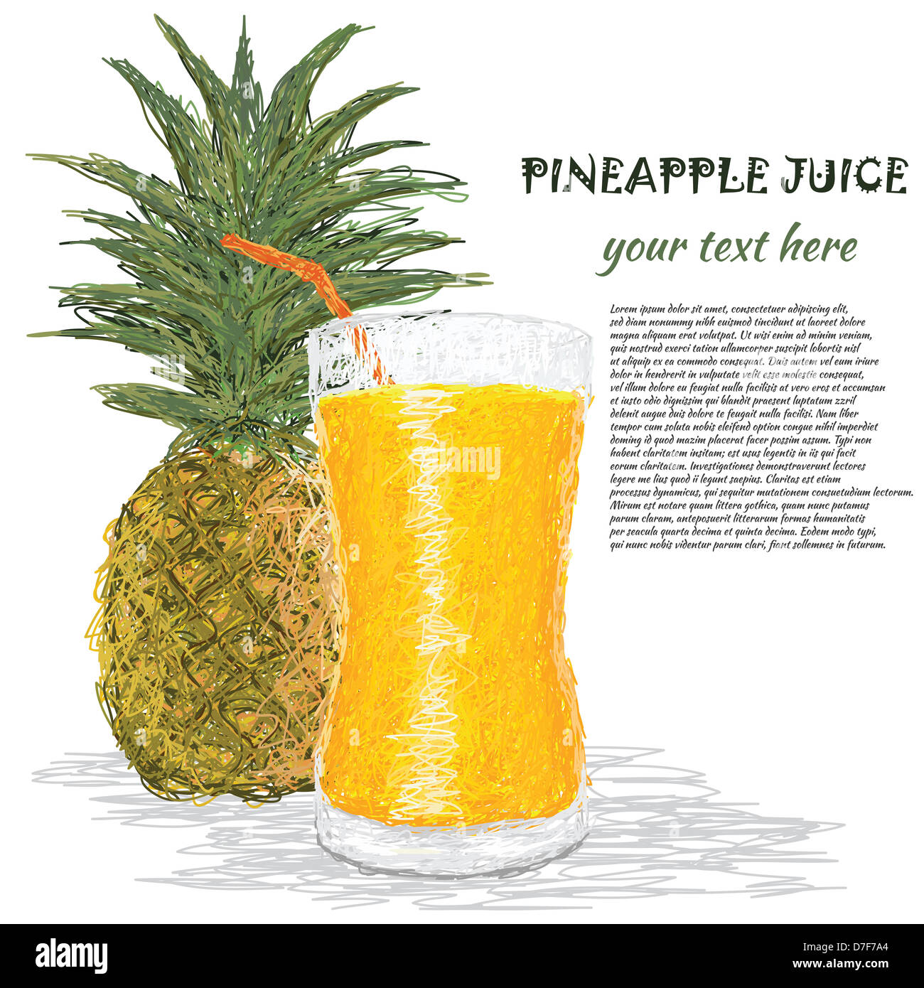 closeup illustration of fresh pineapple fruit and pineapple juice ...
