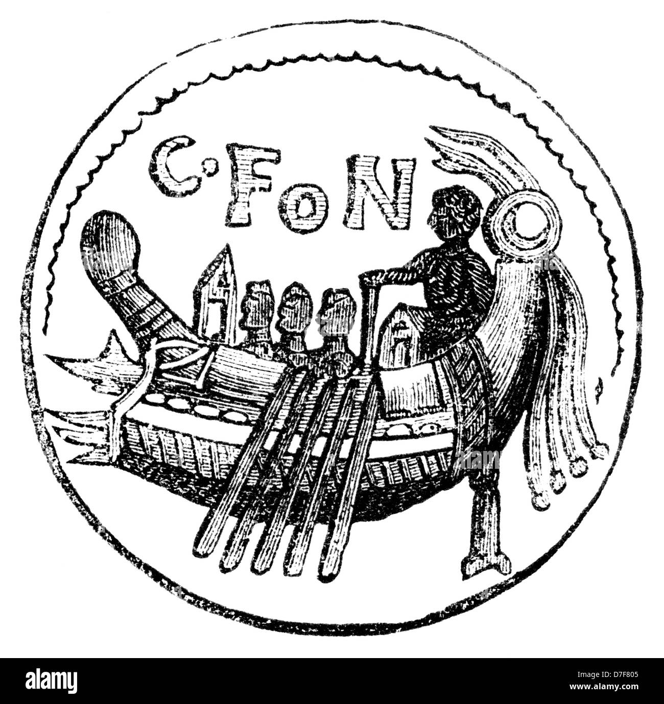 An 1840s woodcut or wood engraving representing a Roman coin found in Britain.  The coin shows a galley and rowers. Stock Photo