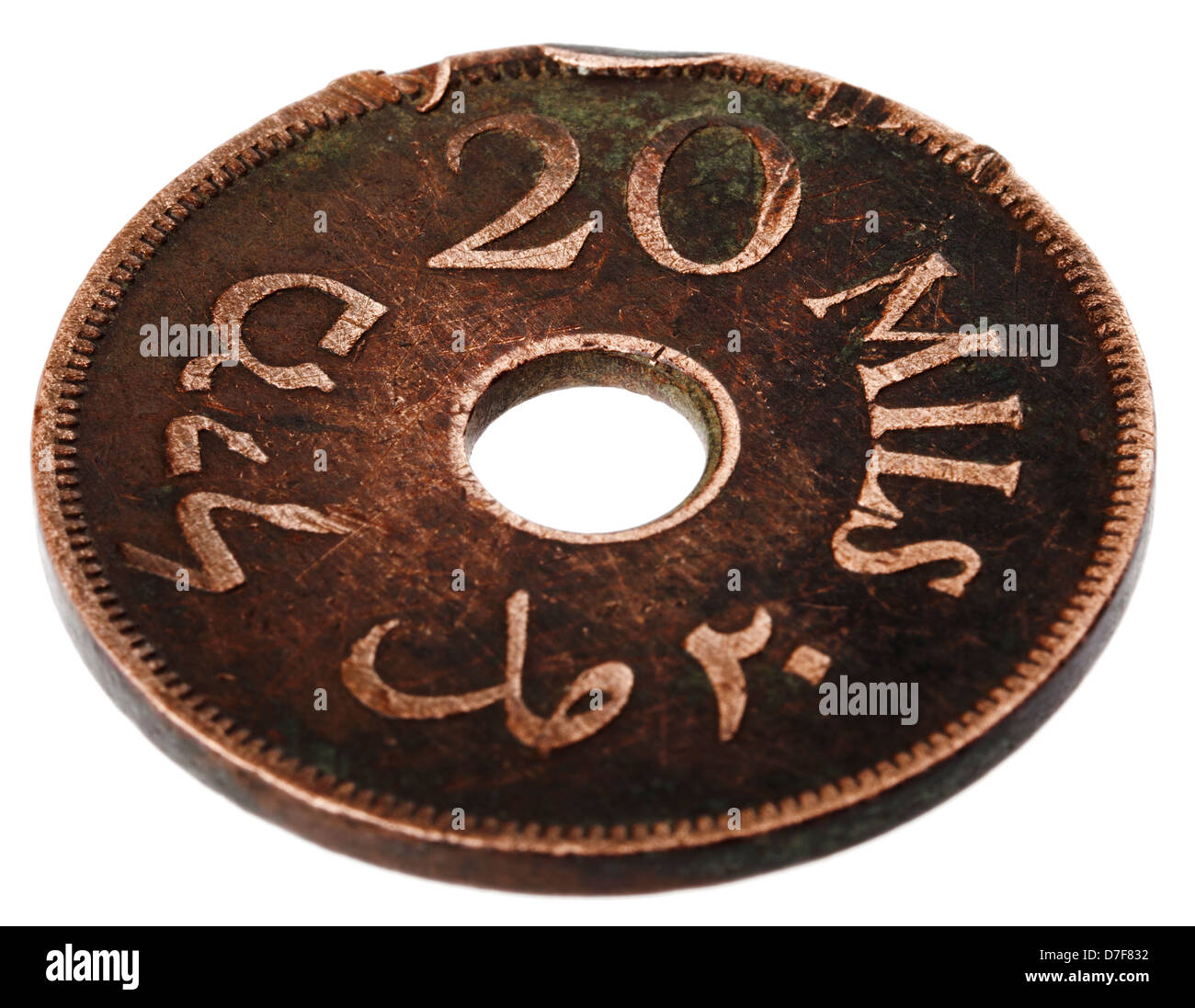 High angle view obverse (heads) side vintage Palestine 20 mils coin