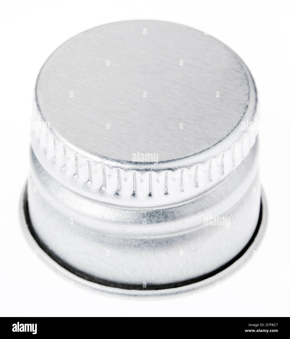 Silver colored aluminum cap, Shot from a slightly high angle. Isolated on white background. Stock Photo