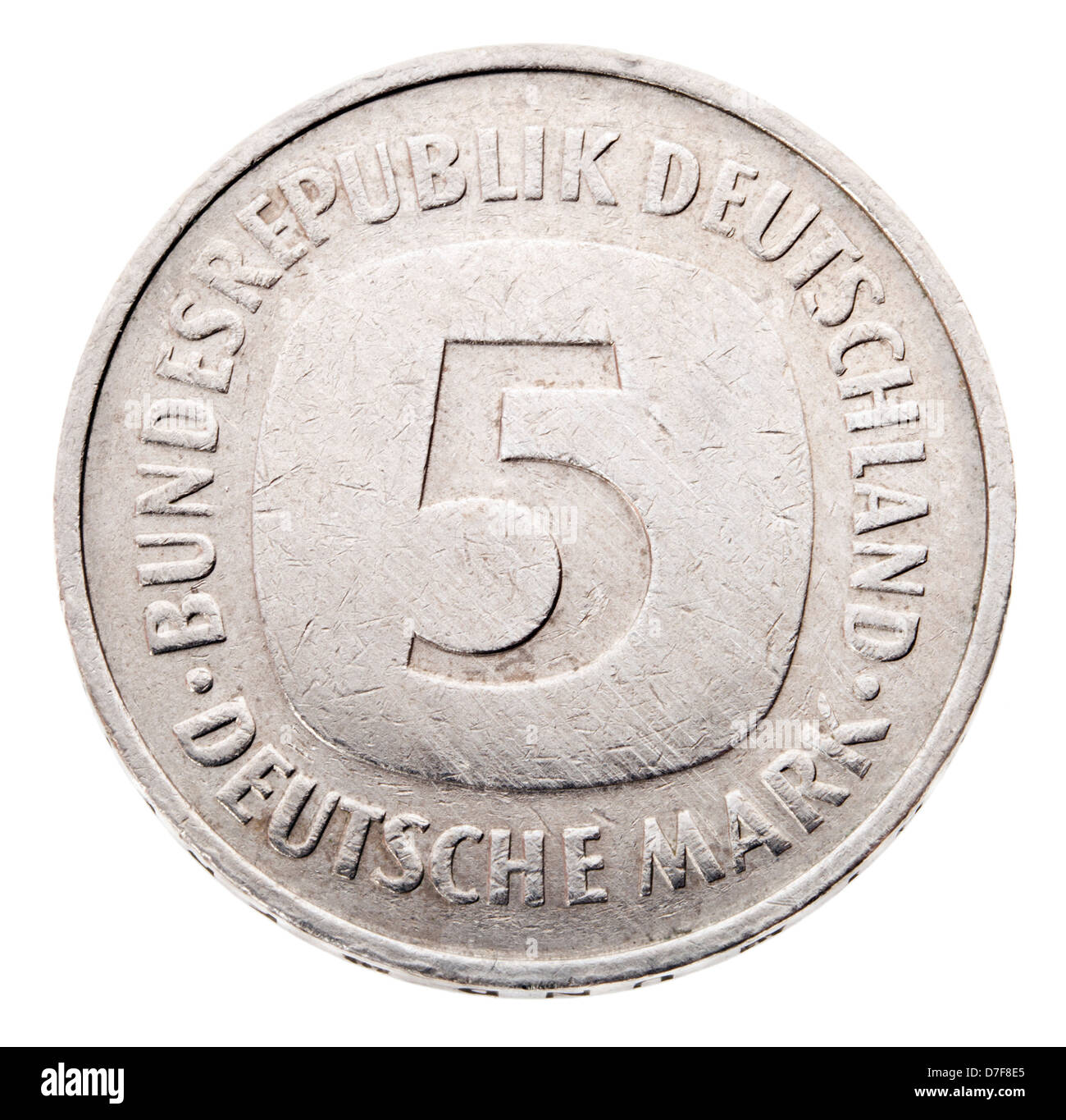 Frontal view obverse (heads) side a 5 Deutsche Mark (DM) coin minted in 1980. Depicted is denomination coin. Deutsche Mark was Stock Photo