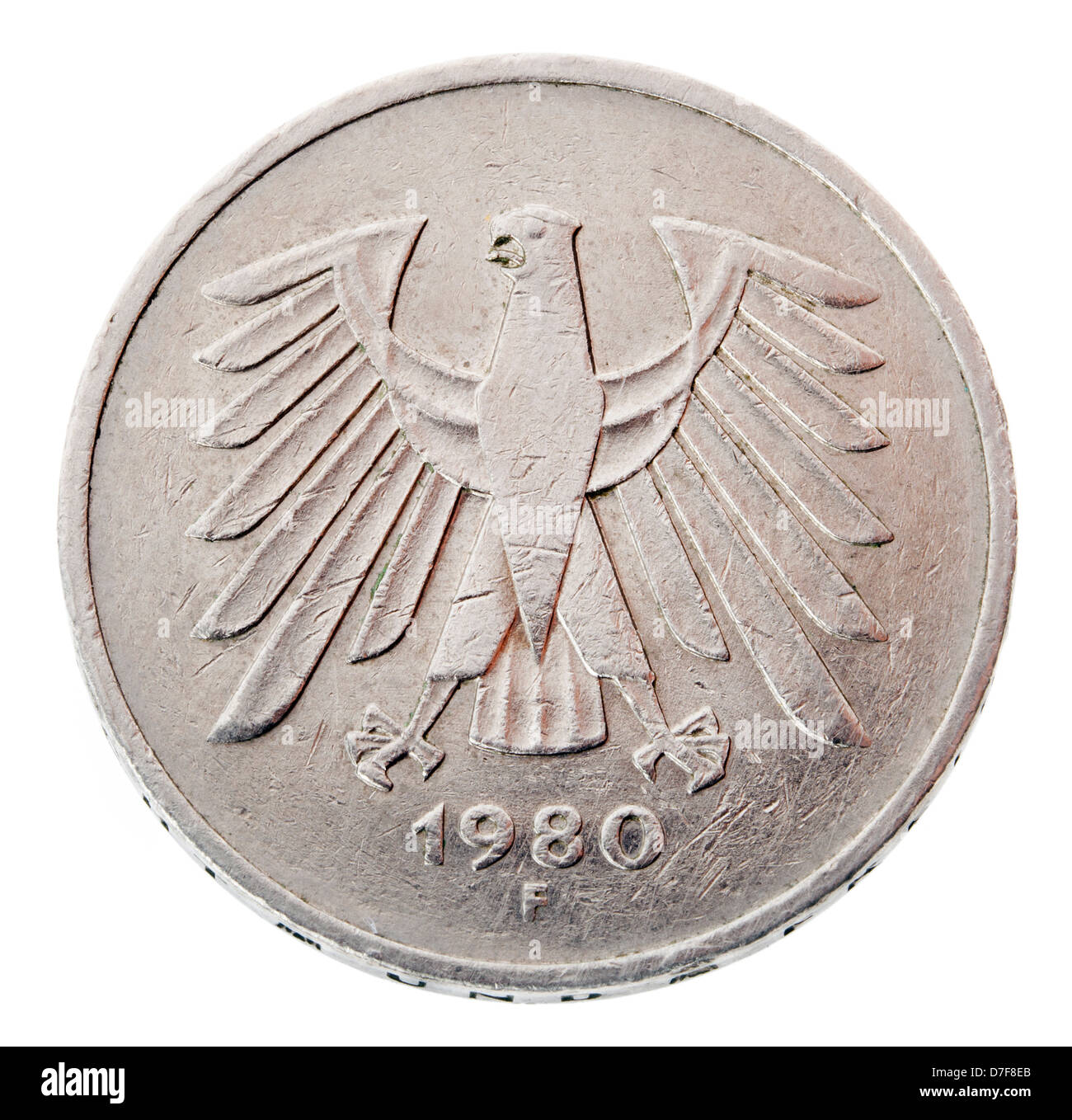 Frontal view reverse (tails) side a 5 Deutsche Mark (DM) coin minted in 1980. Depicted is German coat arms - German eagle. Stock Photo