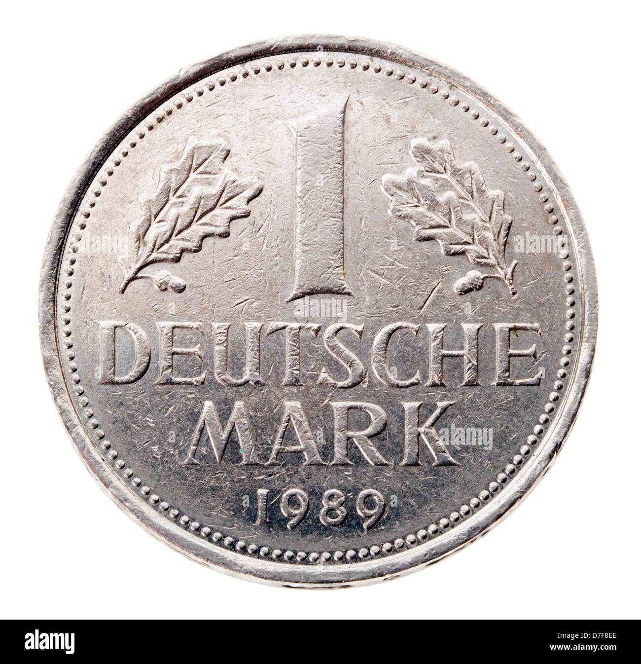 Frontal view obverse (heads) side a 1 Deutsche Mark (DM) coin minted in 1989. Depicted is denomination coin between Oak leaves. Stock Photo
